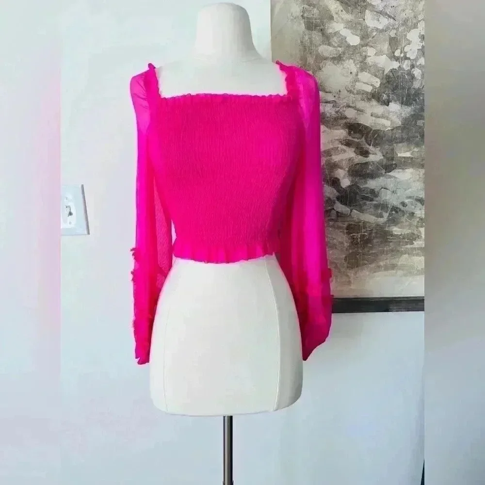 Anthropologie KEEPSAKE Moonlight Puff-Sleeve Top Pop Pink Size Small NWOT $145